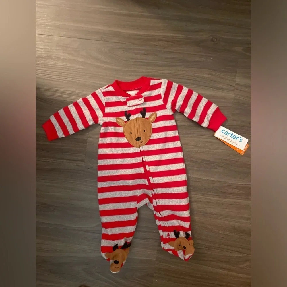 Carter's Red and White Striped Footies with Reindeer Design size 3M